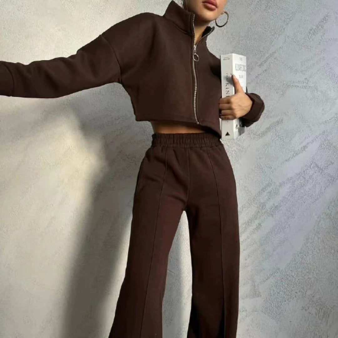 Chic and stylish cropped sporty sweater for women with high collar