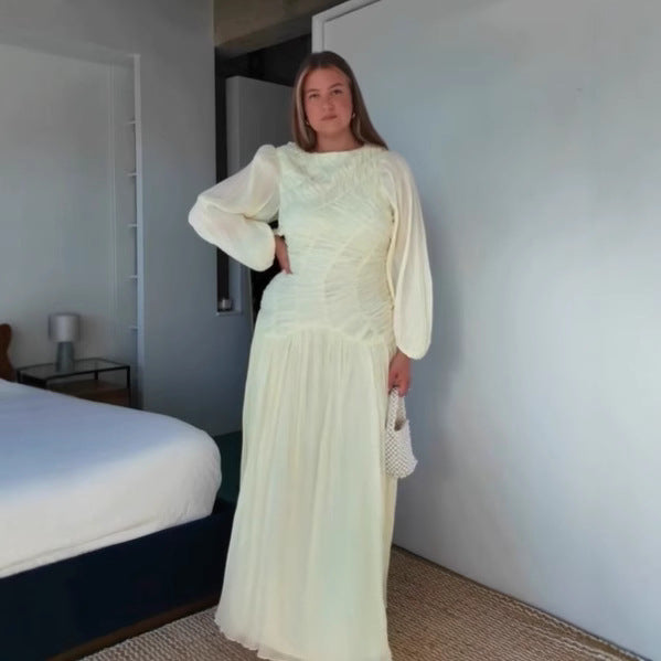 Maxi dress for women with refined pleats and elegant long sleeves Lune London