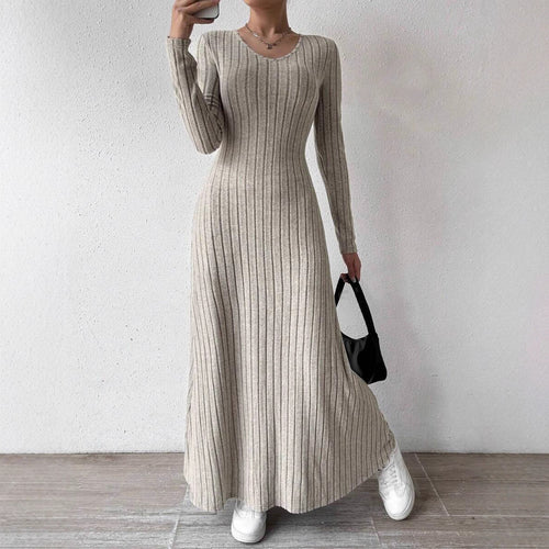 Maxi dress with long sleeves for women with ribbed texture and V-neck Lune London