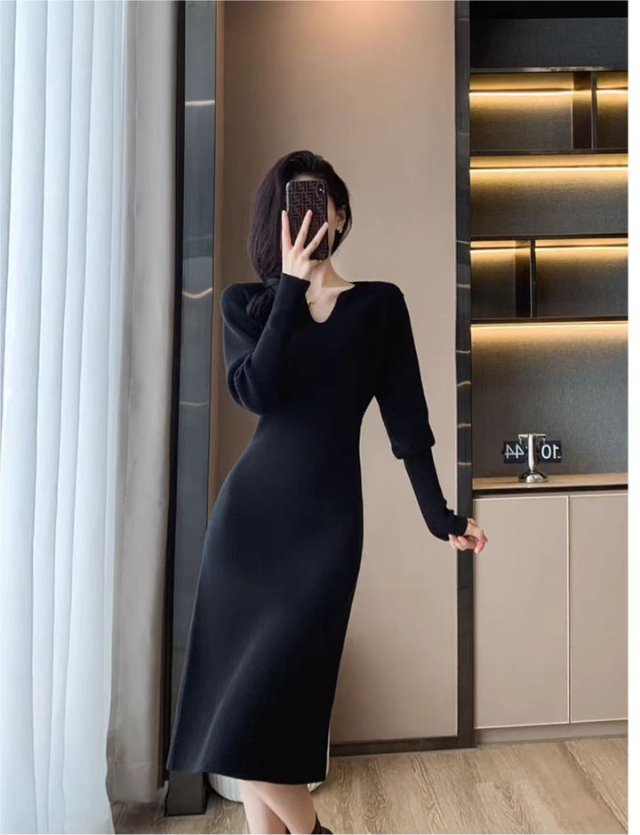 Knit dress for women with deep V-neck and specially designed structure Lune London