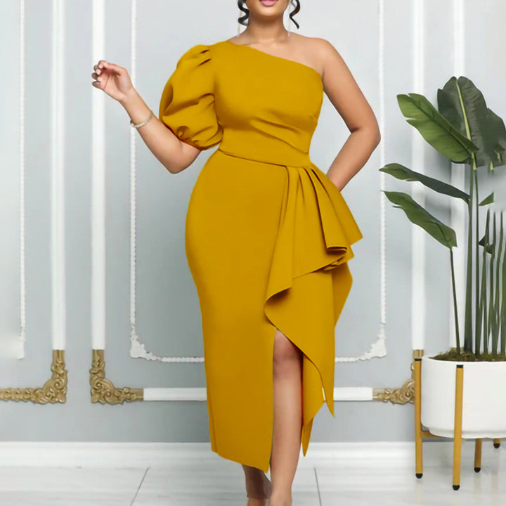 Ladies Elegant One-Shoulder Dress with Draped Fluid Chic Element and Style