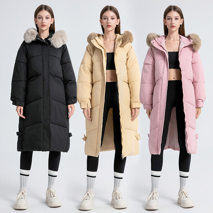 Long winter coat for women lined with removable faux fur collar and practical drawstrings Lune London