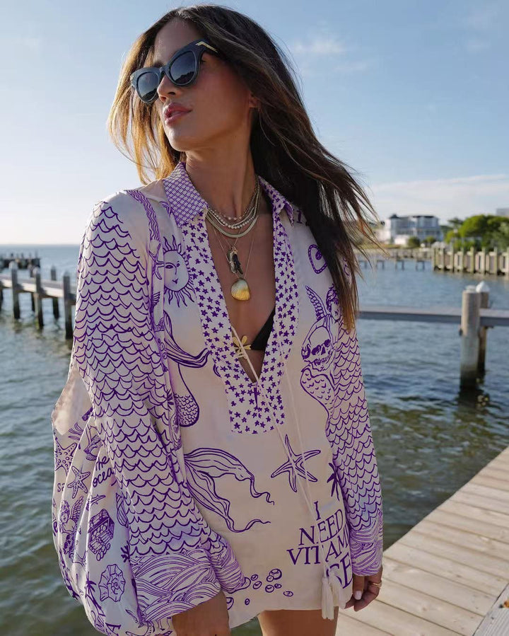Casual beach blouse for women with an artistic nautical print and an elegant V neckline Lune London