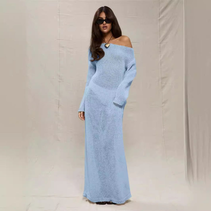 Maxi dress for women in lightweight crochet with off-shoulder design Lune London