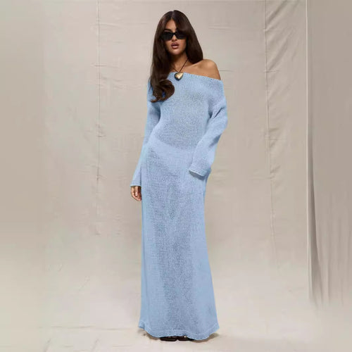 Maxi dress for women in lightweight crochet with off-shoulder design Lune London