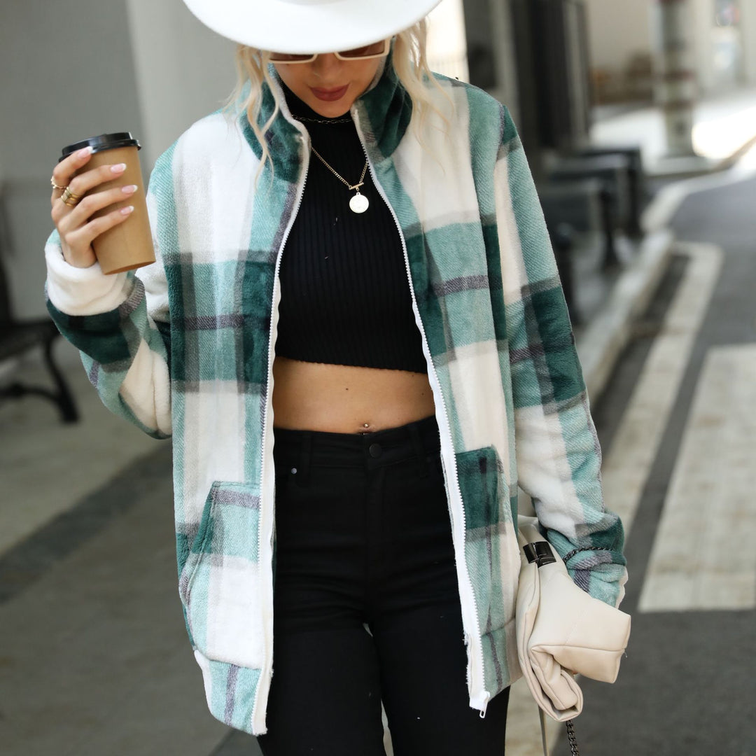 Fleece jacket for women with a modern plaid pattern and a high collar Lune London