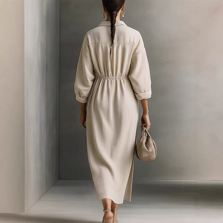 Women's stylish midi dress with tie belt and classic collar Lune London