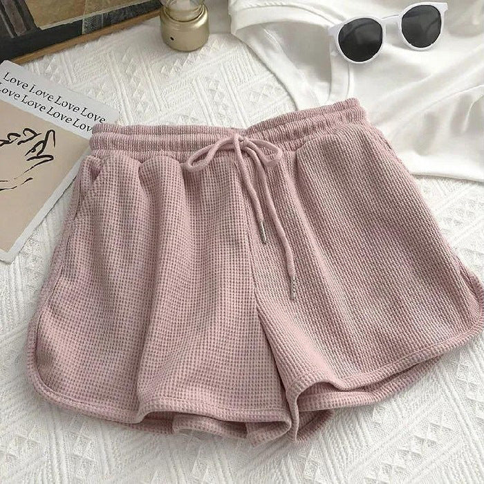 Women's casual waffle texture shorts with adjustable drawstring and elastic waistband