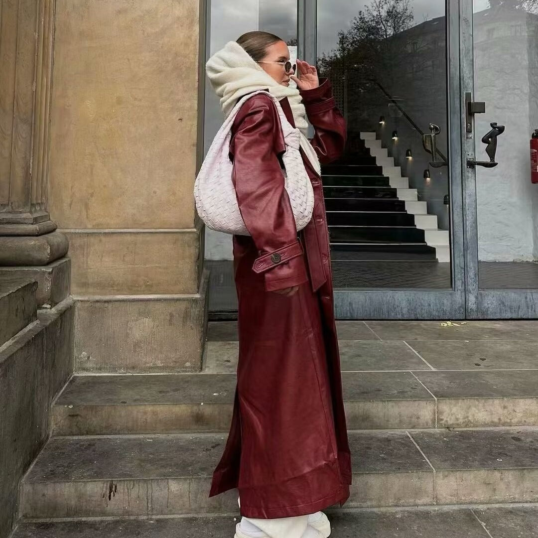 Elegant women's faux leather trench coat with belt and large lapels Lune London