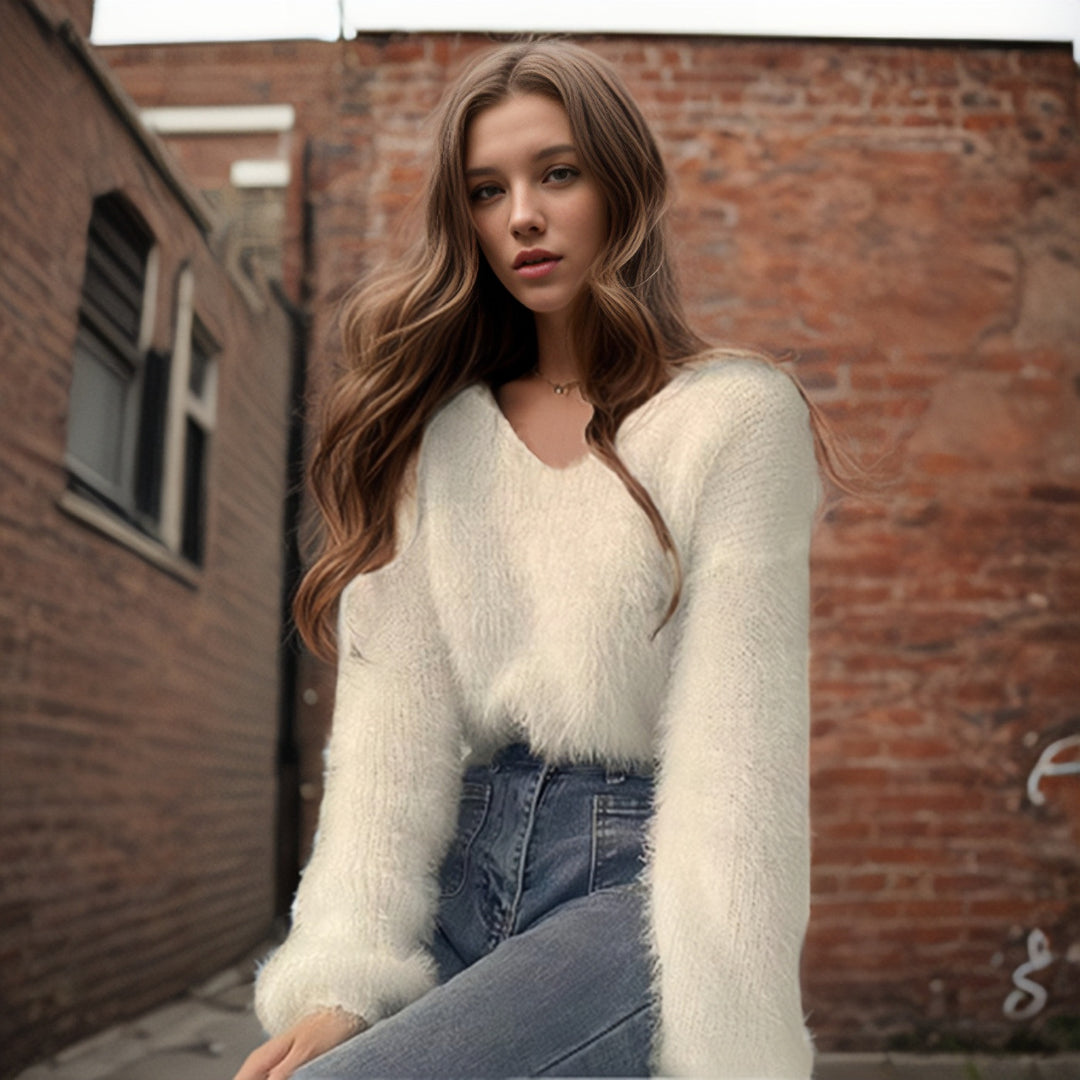 Ladies viscose sweater with voluminous sleeves and V-neck Lune London