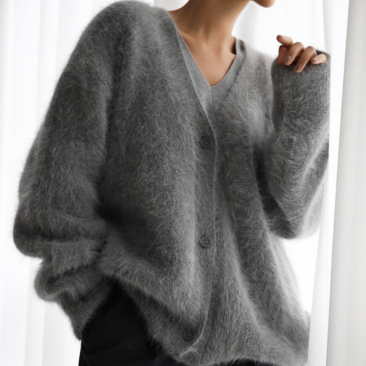 Ladies fluffy cardigan with deep V-neck and large button details Lune London