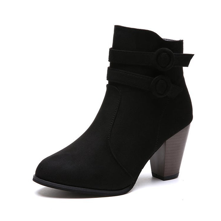 Elegant ankle boots for women with trendy button decoration and comfortable block heel Lune London