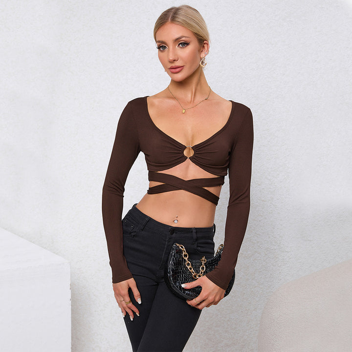 Women's cropped long sleeve shirt with decorative ring and wrap design Chic & Stil