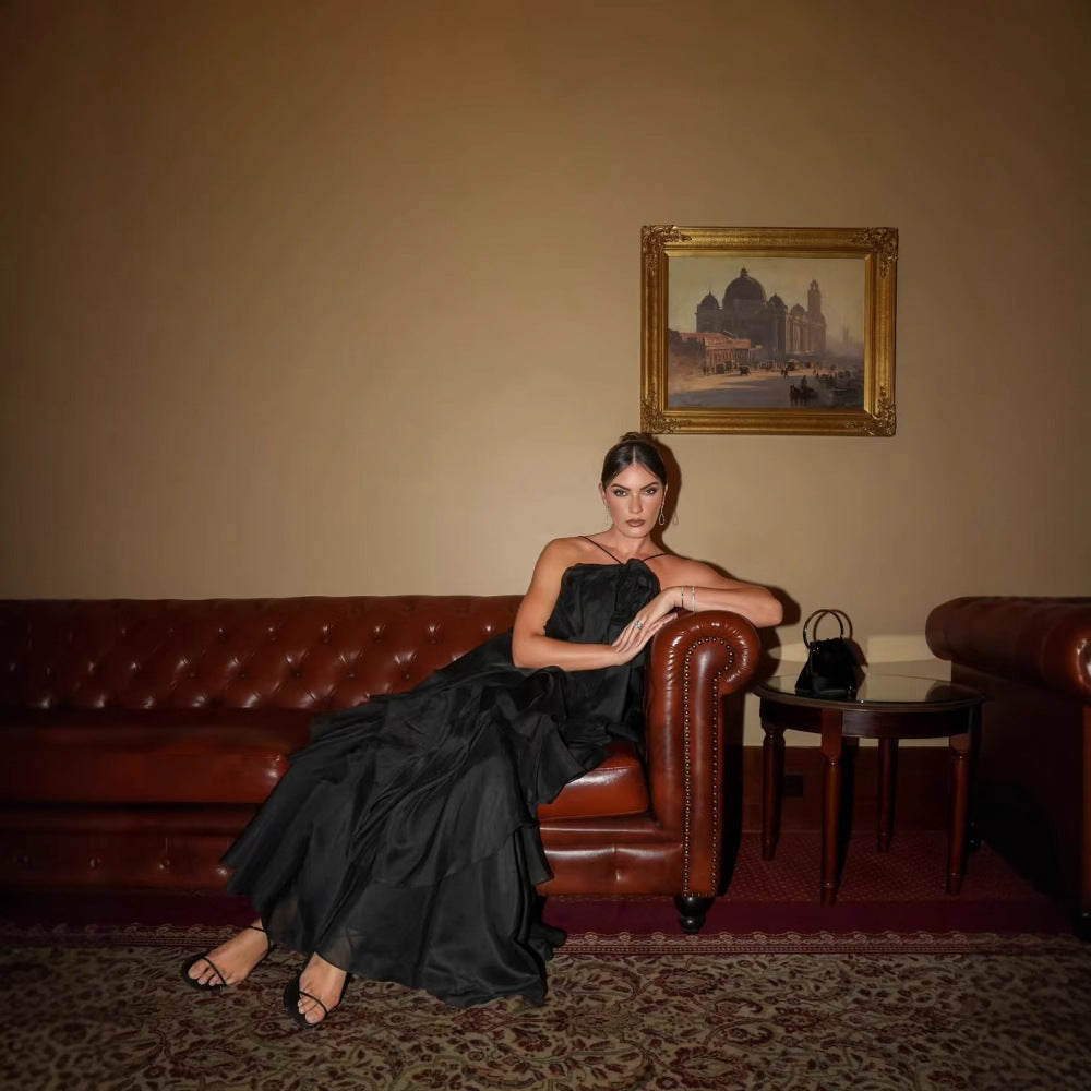 Maxi dress for women with voluminous ruffles and floral accents Lune London