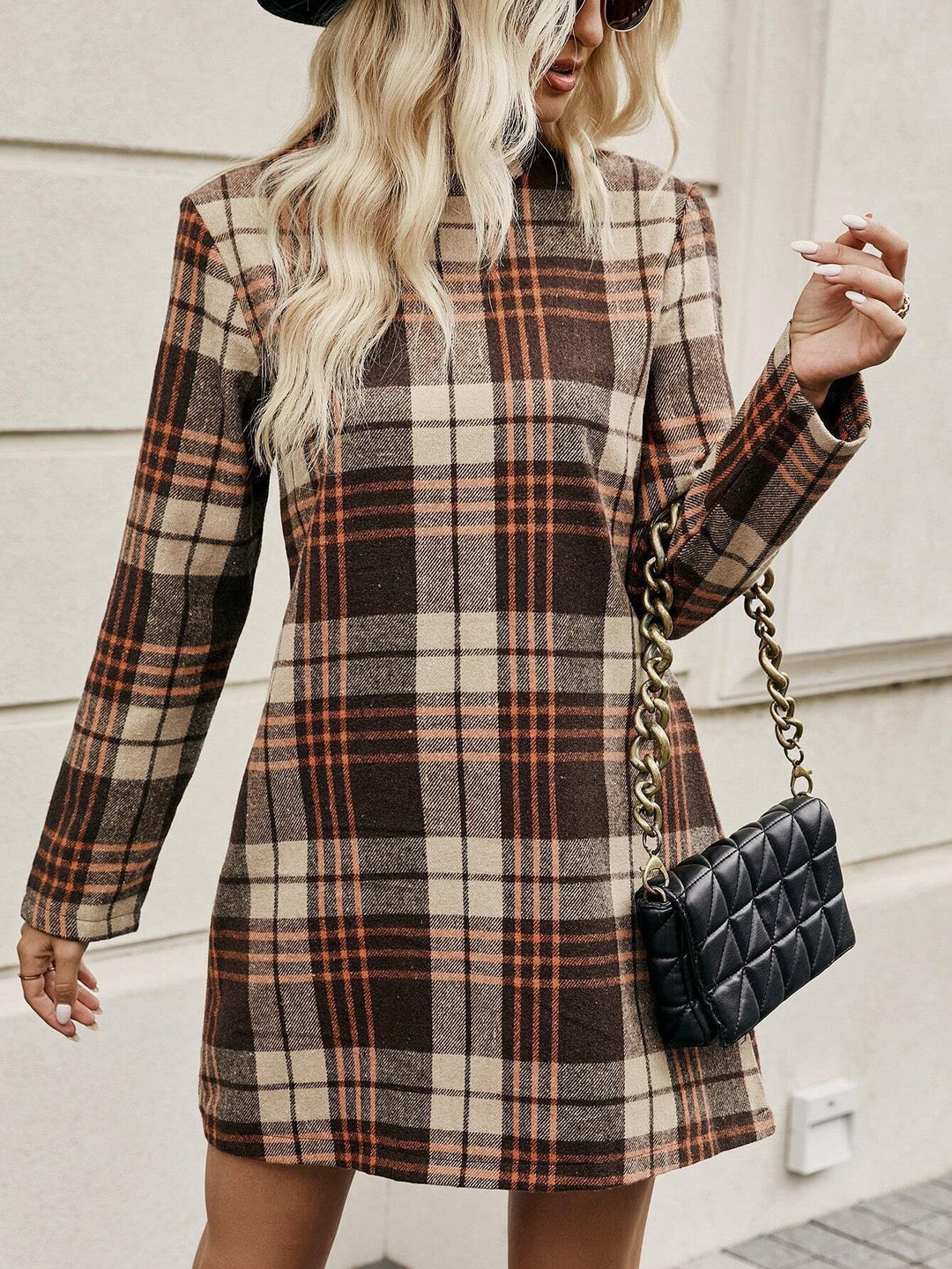 Plaid mini dress for women with high collar and slim silhouette Lune London