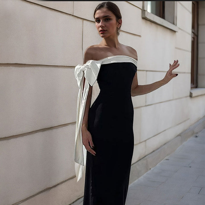 Robe Maxi Femme avec un design chic à épaules nues et un accent élégant en nœud Chic & Stil