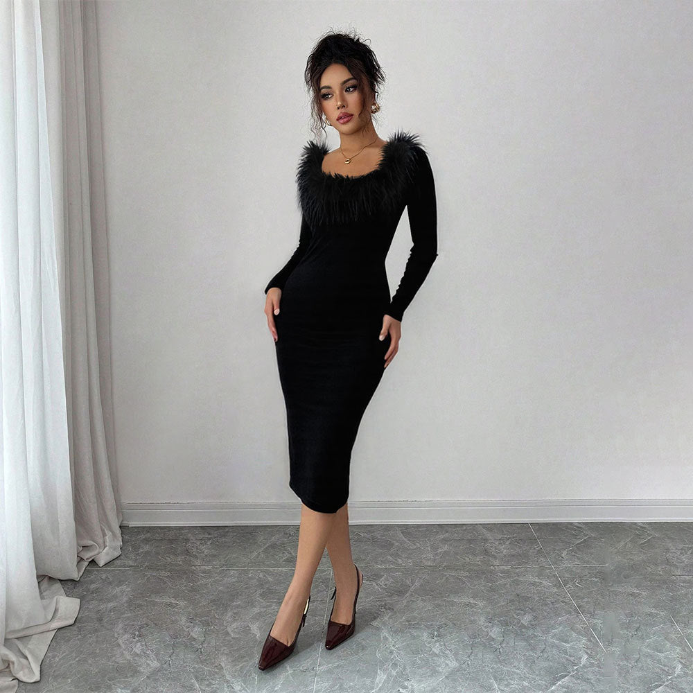 Robe midi pour femme avec décoration en plumes élégante et fente sur le côté Chic & Stil