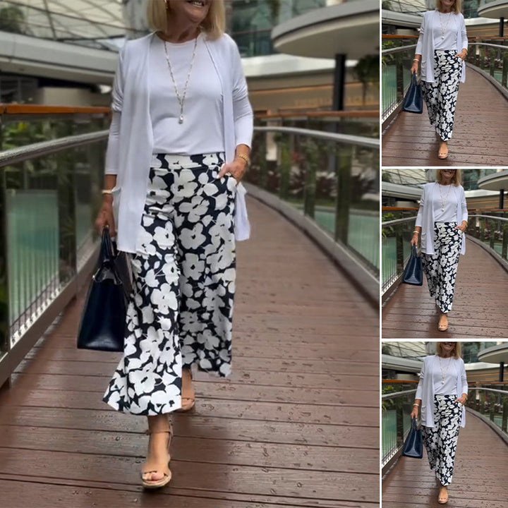 Pantalons d'été larges pour femmes avec motif floral et taille élastique Chic & Stil