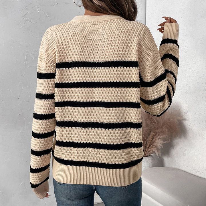 Striped women's sweater with button placket in textured wool Lune London