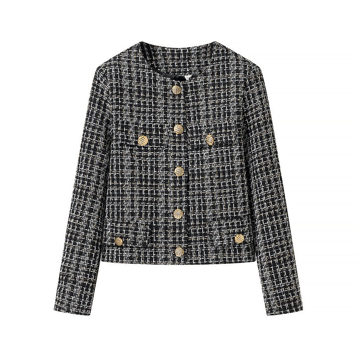 Ladies elegant short jacket in a trendy tweed style with gold button details Lune London