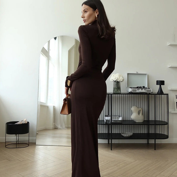 Maxi dress for women with textured draped design and high slit Lune London