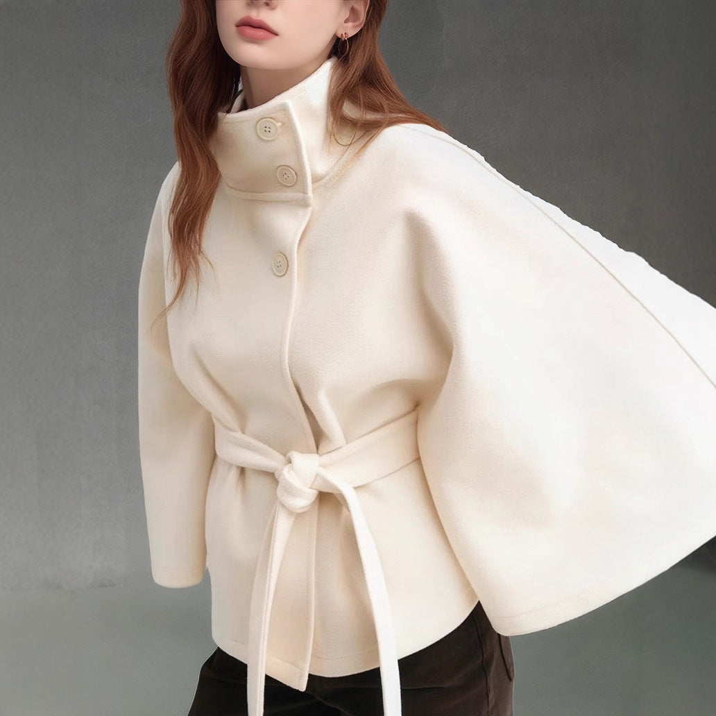 Ladies modern Cape-jacket with removable belt and high collar Lune London