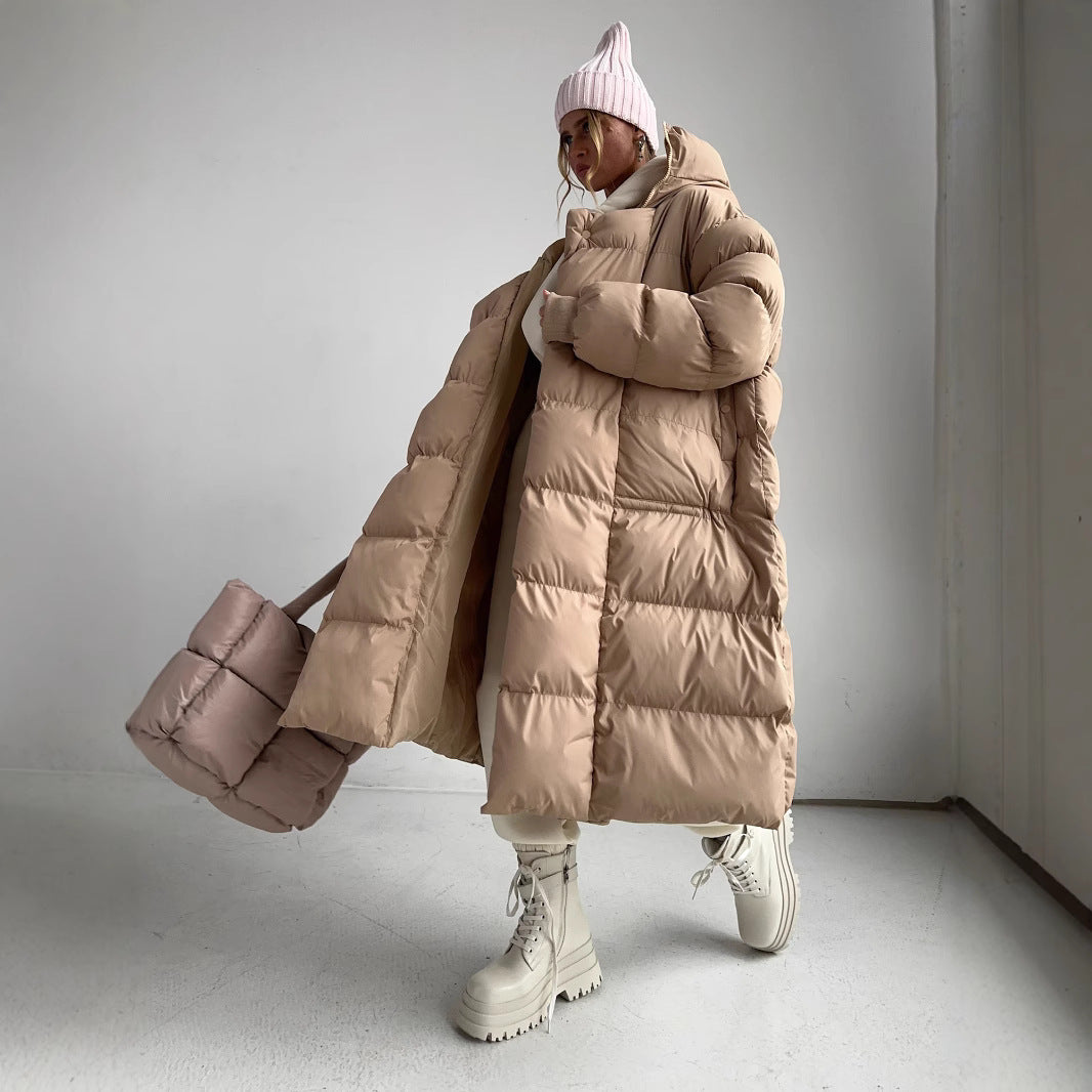 Ladies Long Down Jacket with Hood and Practical Zipper Lune London