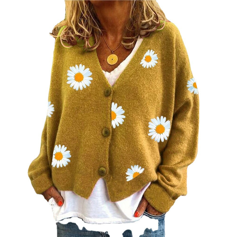 Knitted jacket for women with floral embroidery and V-neck Lune London