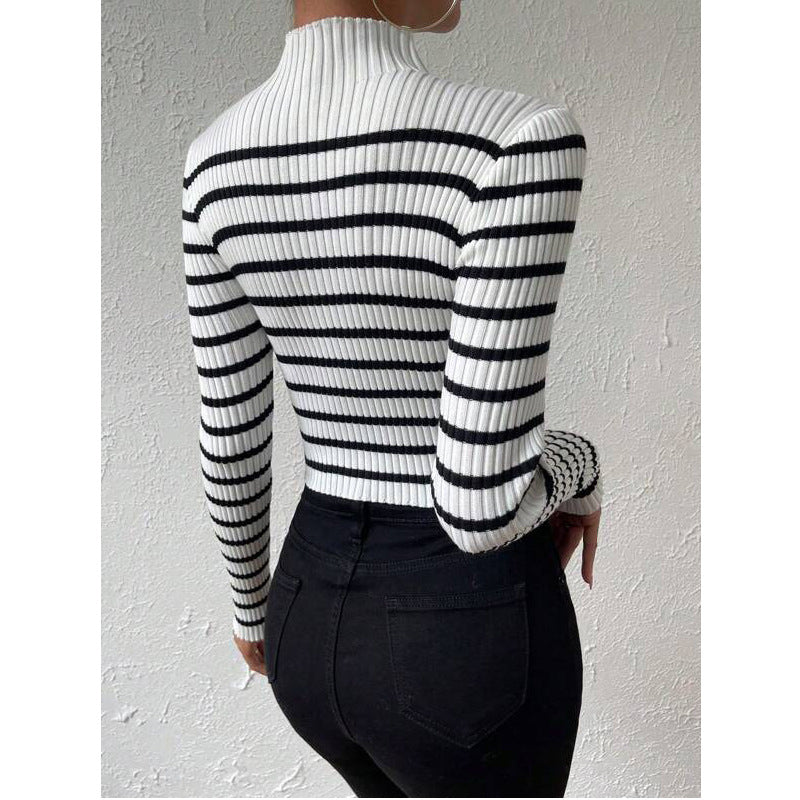 Women's ribbed knit sweater with high collar and embroidered striped pattern Lune London