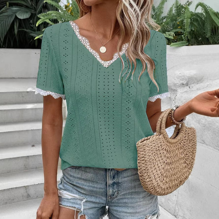 Women's Breathable Lace Top with V-Neck and Decorative Crochet Sleeves Lune London