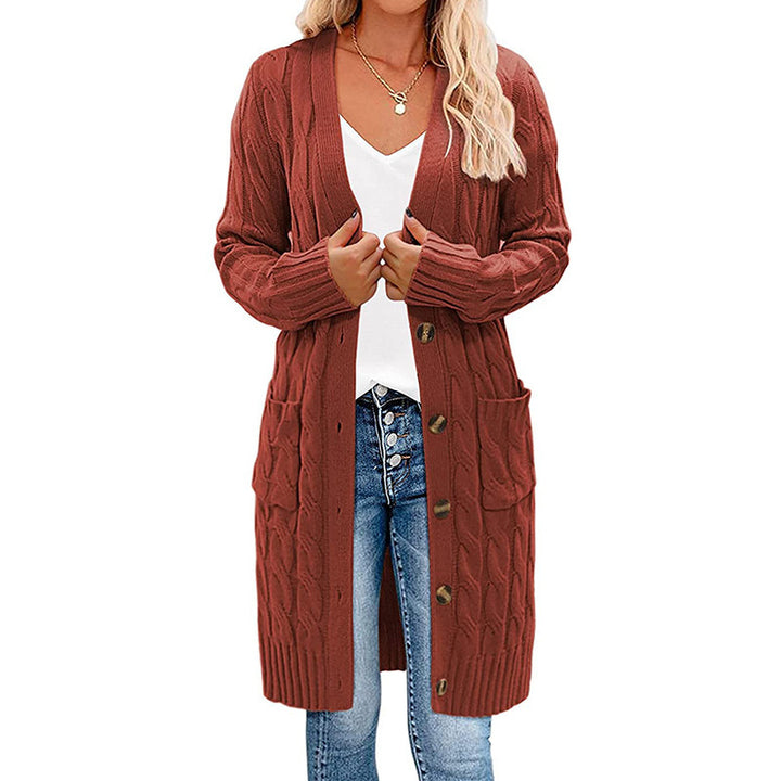 Ladies long knitted cardigan with cable design and practical pockets Lune London