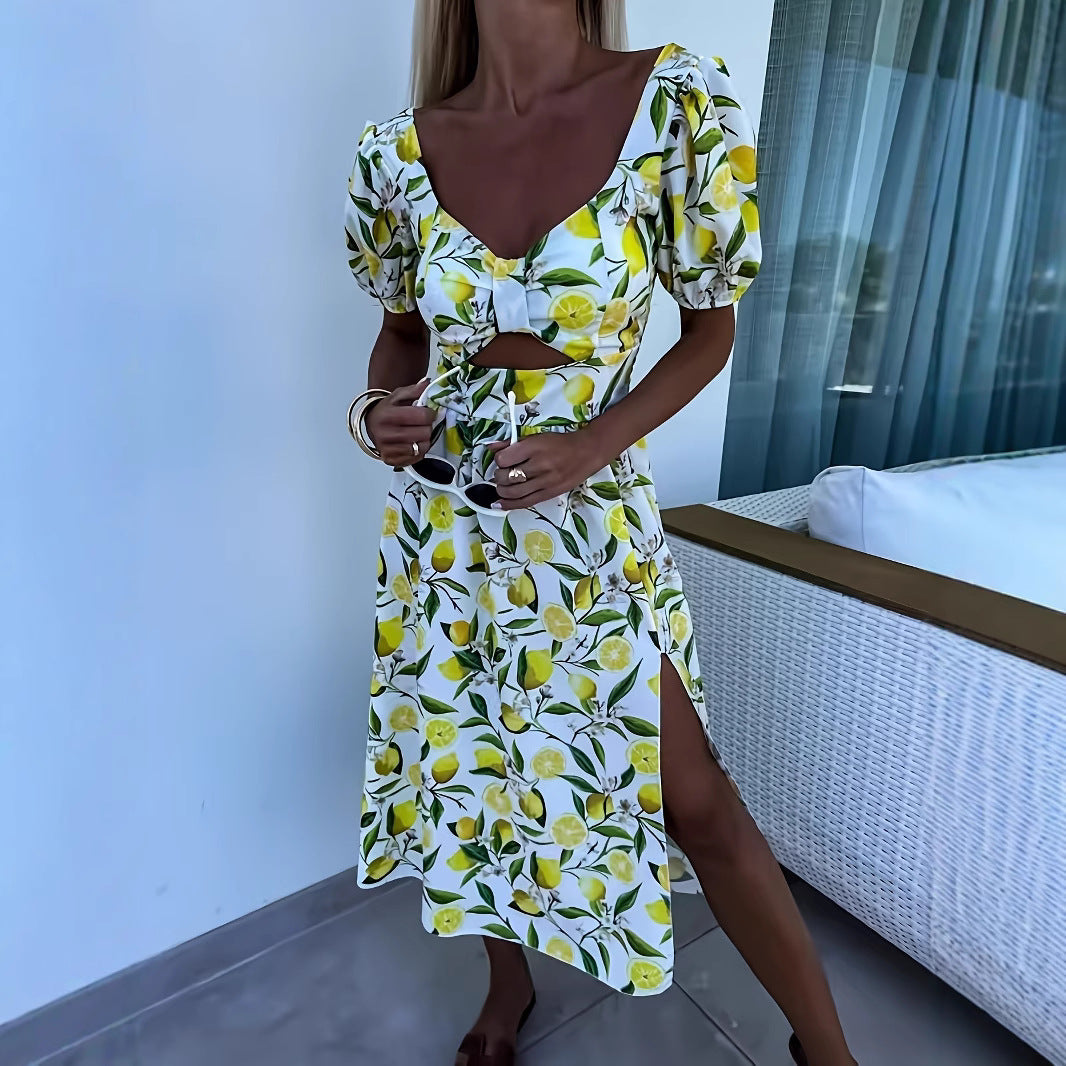 Maxi dress for women with fruity print and side slit Lune London
