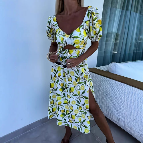 Maxi dress for women with fruity print and side slit Lune London