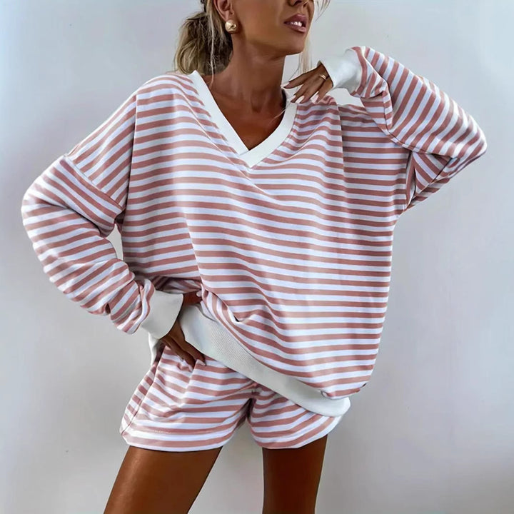 Ladies Striped Sports Top with Short Shorts Lune London