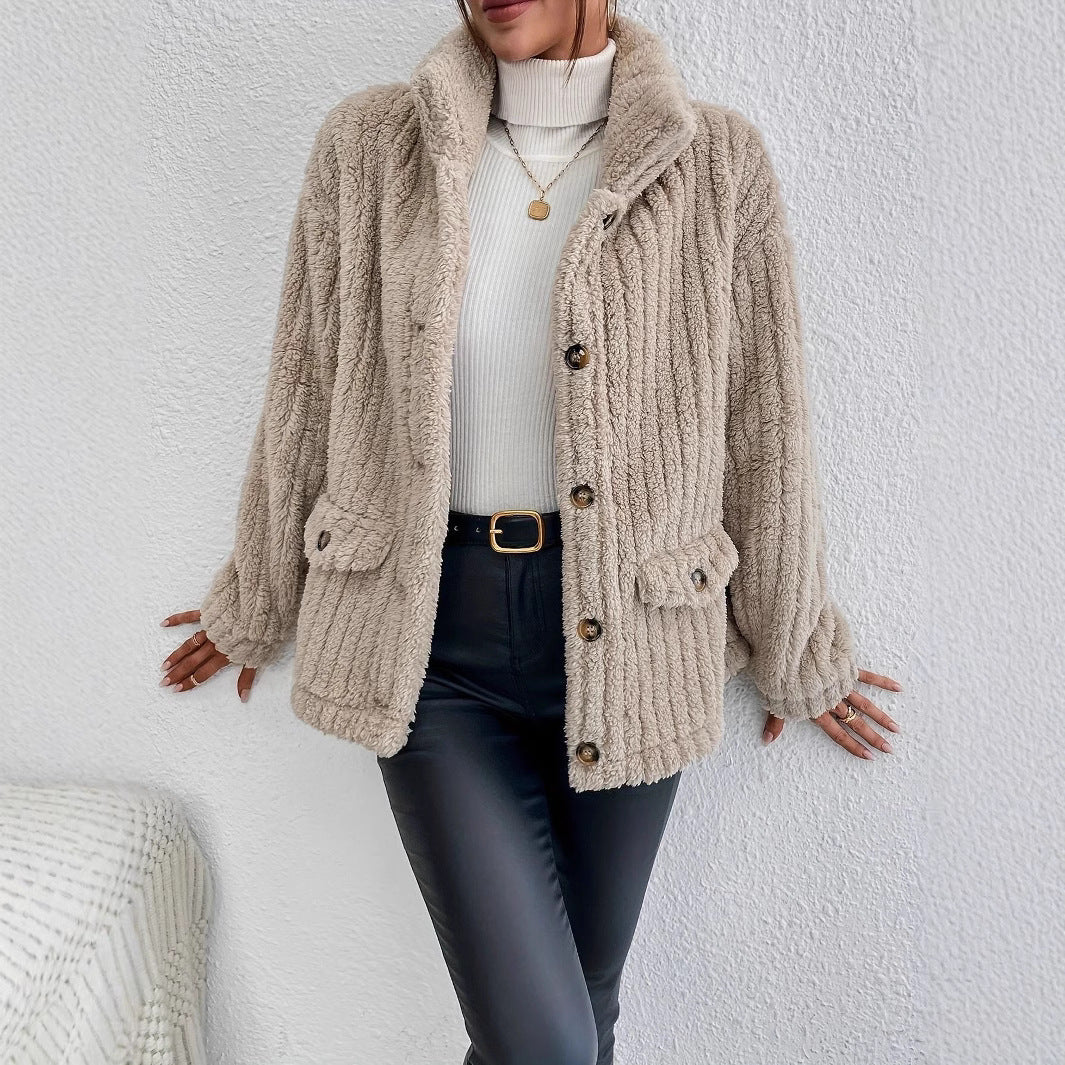 Ladies teddy fur jacket with button design and side pockets Lune London