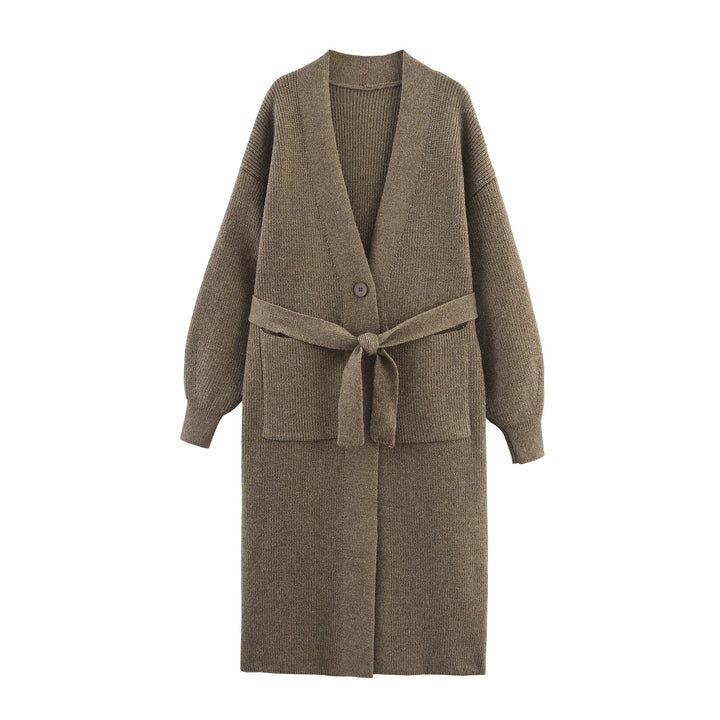 Ladies Long Knit Cardigan With Belt And Pockets Lune London