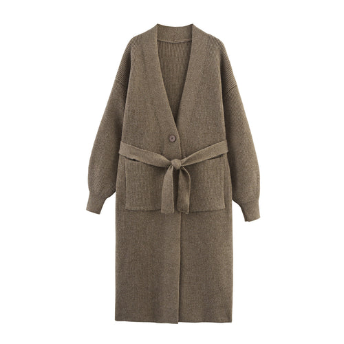 Ladies Long Knit Cardigan With Belt And Pockets Lune London