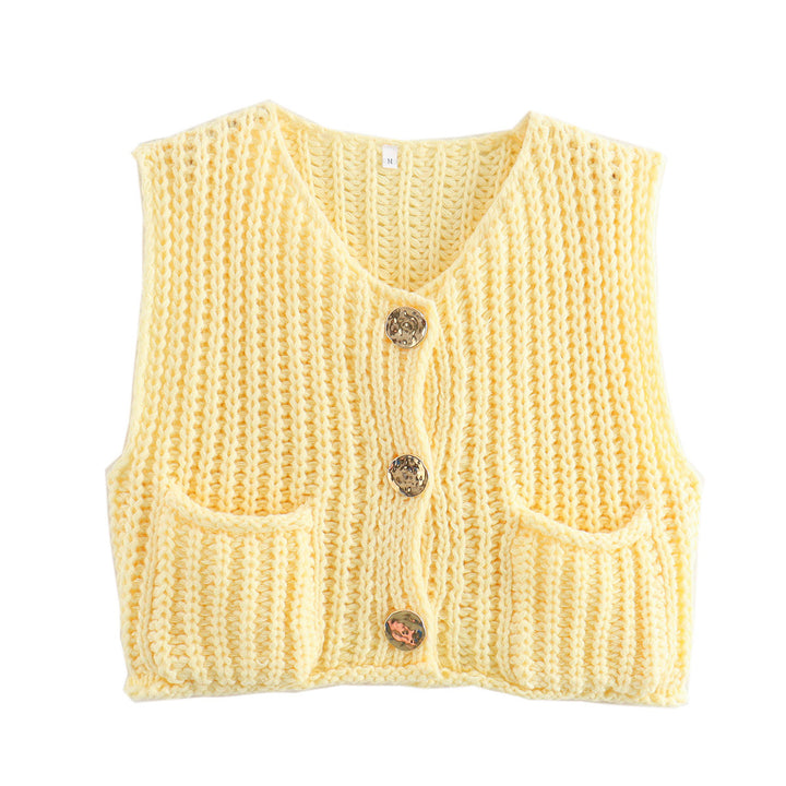 Knitted vest for women with decorative buttons and practical pockets Lune London