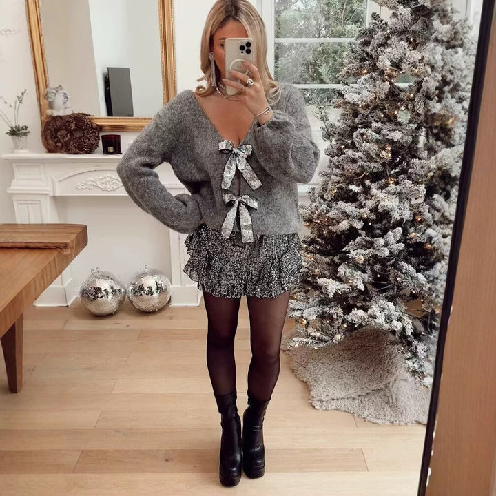 Cardigan en tricot lâche pour femmes avec détails élégants en forme de nœud Chic & Stil