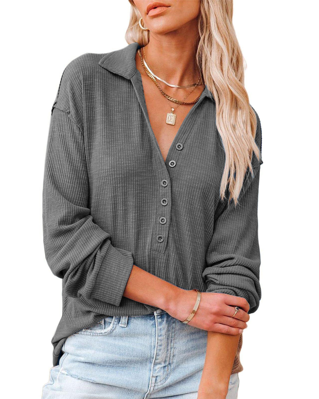 Casual long sleeve shirt for women with button placket and textured pattern Lune London