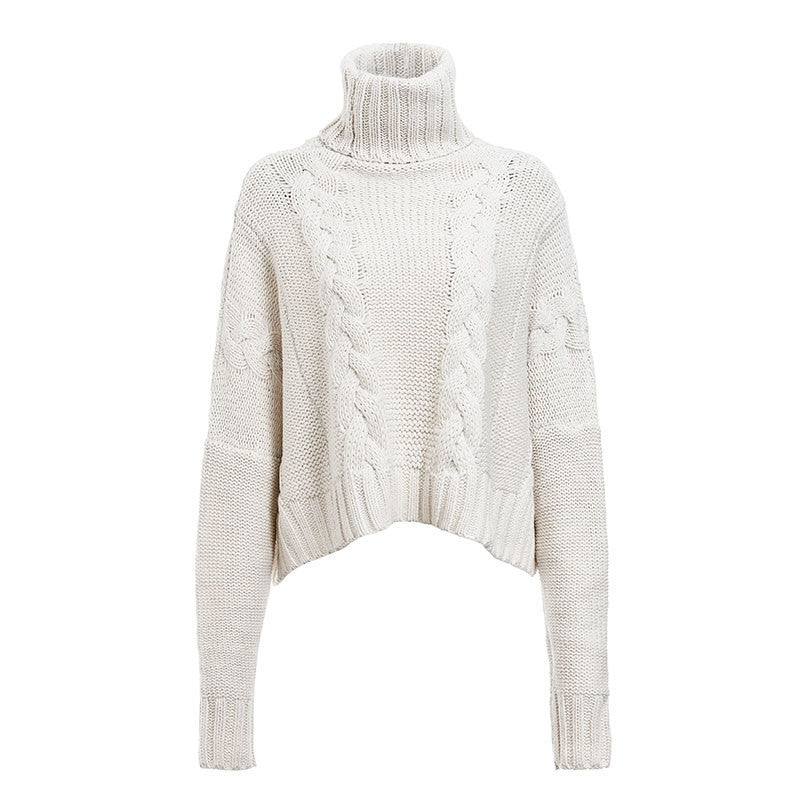 Chunky knit sweater for women with high collar and unique cable design Lune London