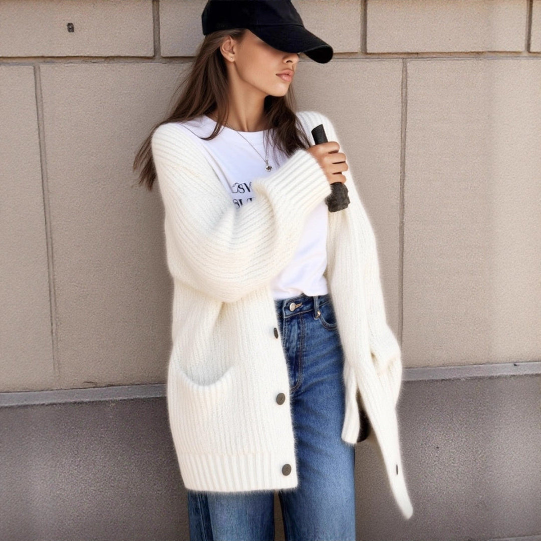Lune London | Women's chunky knit cardigan with unique texture patterns and practical pockets