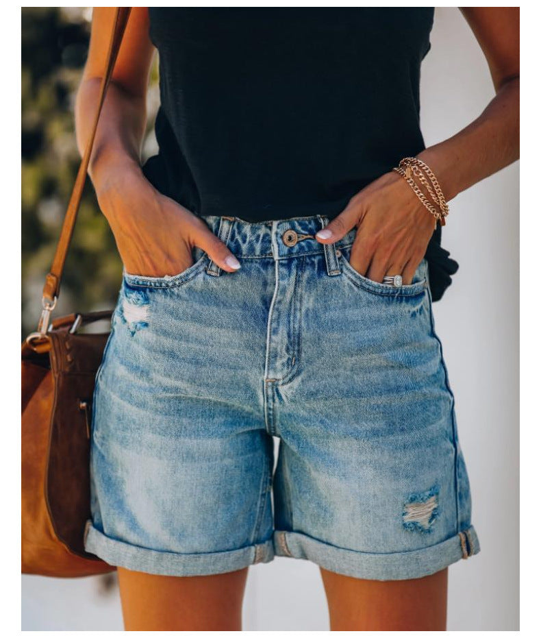 Casual denim shorts for women with rolled hem and distressed details Lune London
