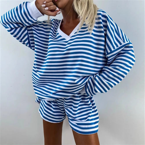Women casual sweatshirt set with V-neck and sports shorts