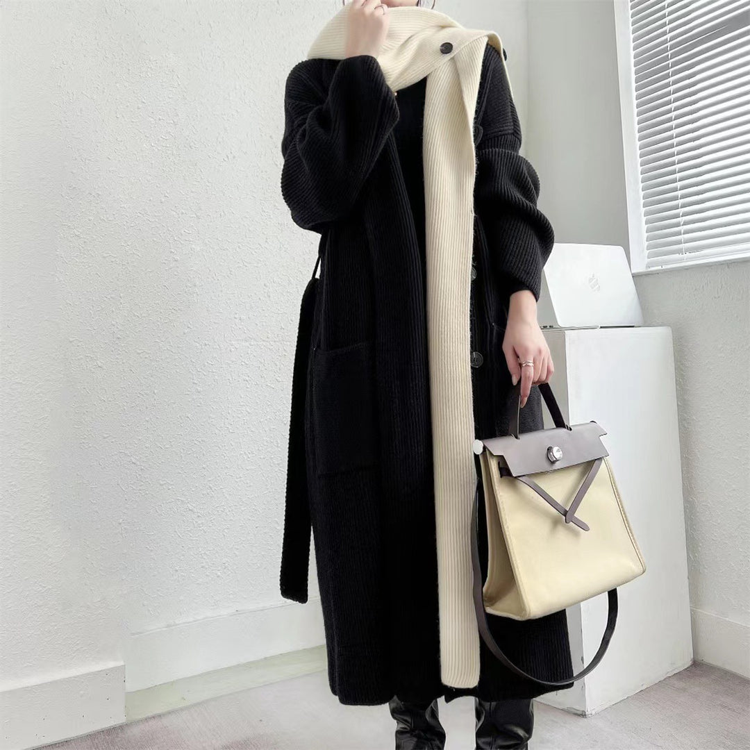 Elegant ladies long coat with belt and contrasting sleeves Lune London