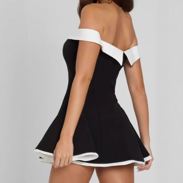 Off-shoulder mini dress for women with a voluminous skirt and elegant V-neck Lune London