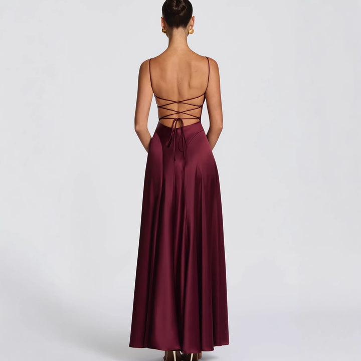 Women's Elegant Maxi Dress with Refined Spaghetti Straps and Flowing Satin Lune London