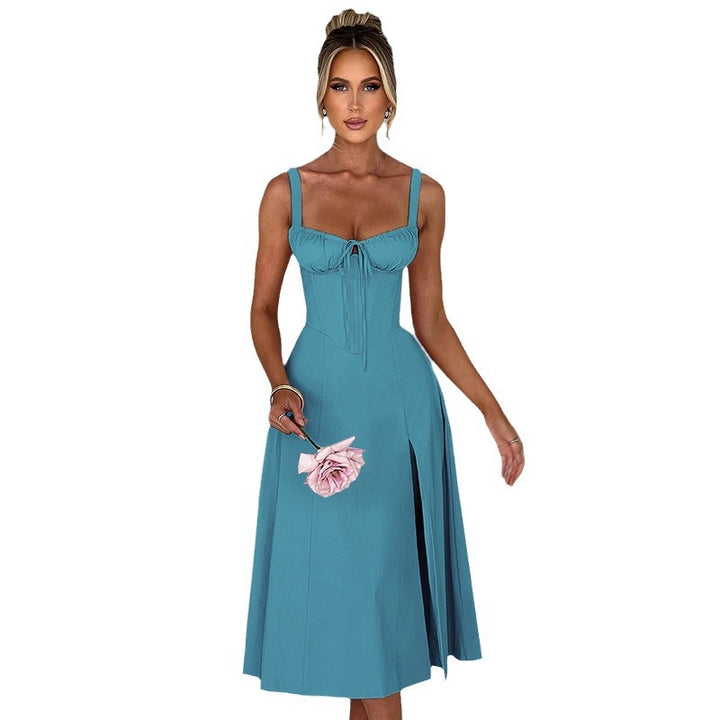 Elegant Midi Dress for Women with Deep V Neck and Chic & Stylish Refined Waist Element