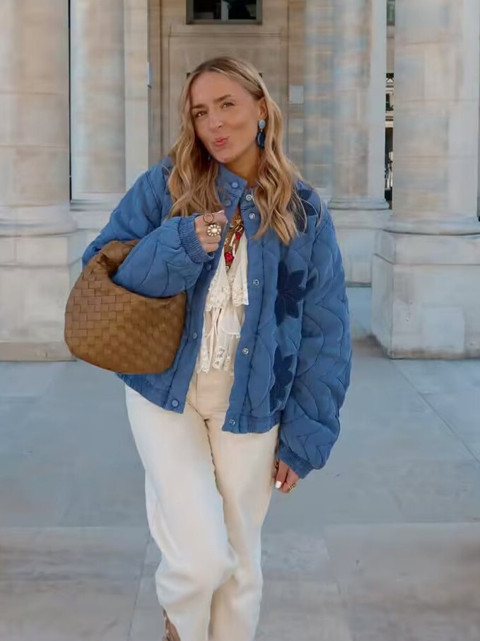 Quilted transition jacket for women with embroidered floral design Lune London