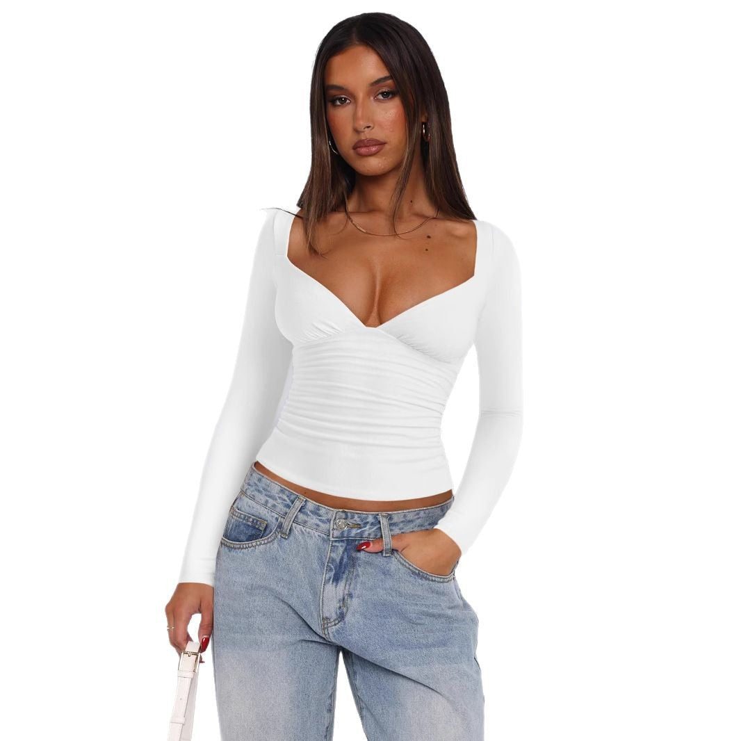 Women's Fitted Long-Sleeve Top with V-Neck and Ruching Lune London